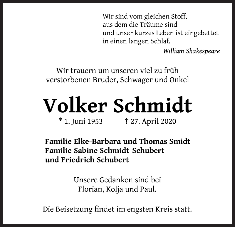  Traueranzeige für Volker Schmidt vom 09.05.2020 aus WESER-KURIER