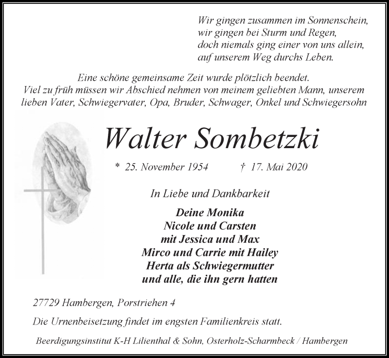  Traueranzeige für Walter Sombetzki vom 20.05.2020 aus Osterholzer Kreisblatt