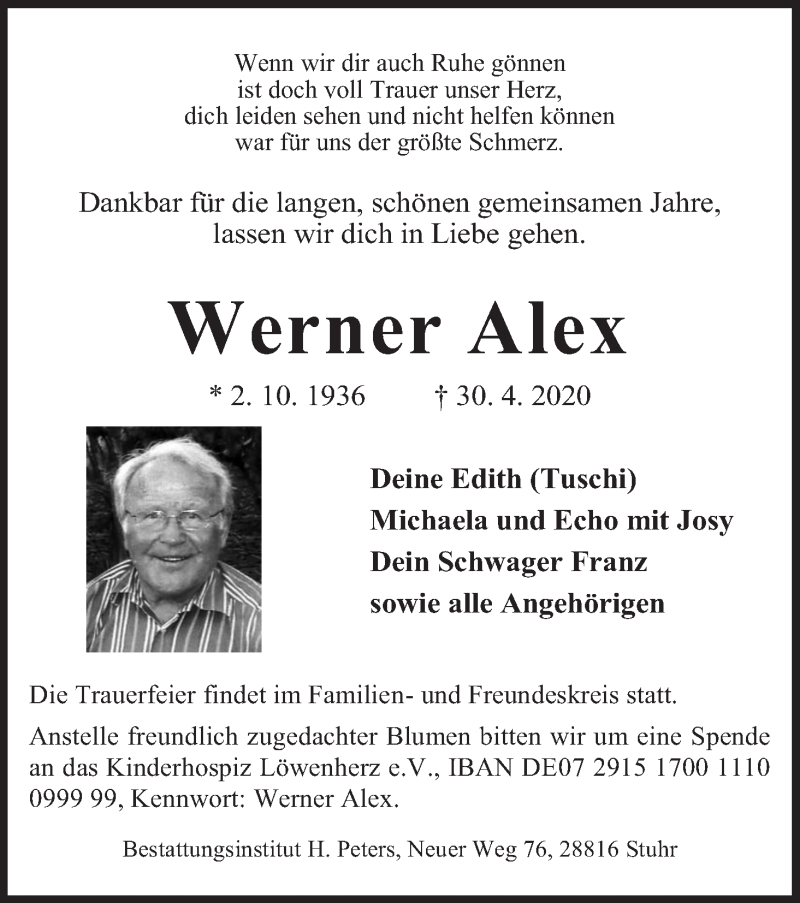  Traueranzeige für Werner Alex vom 09.05.2020 aus WESER-KURIER