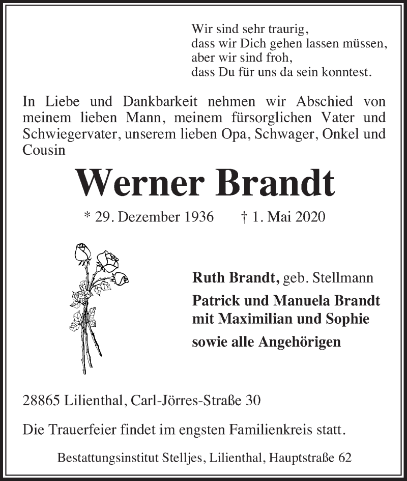 Traueranzeige von Werner Brandt von WESER-KURIER
