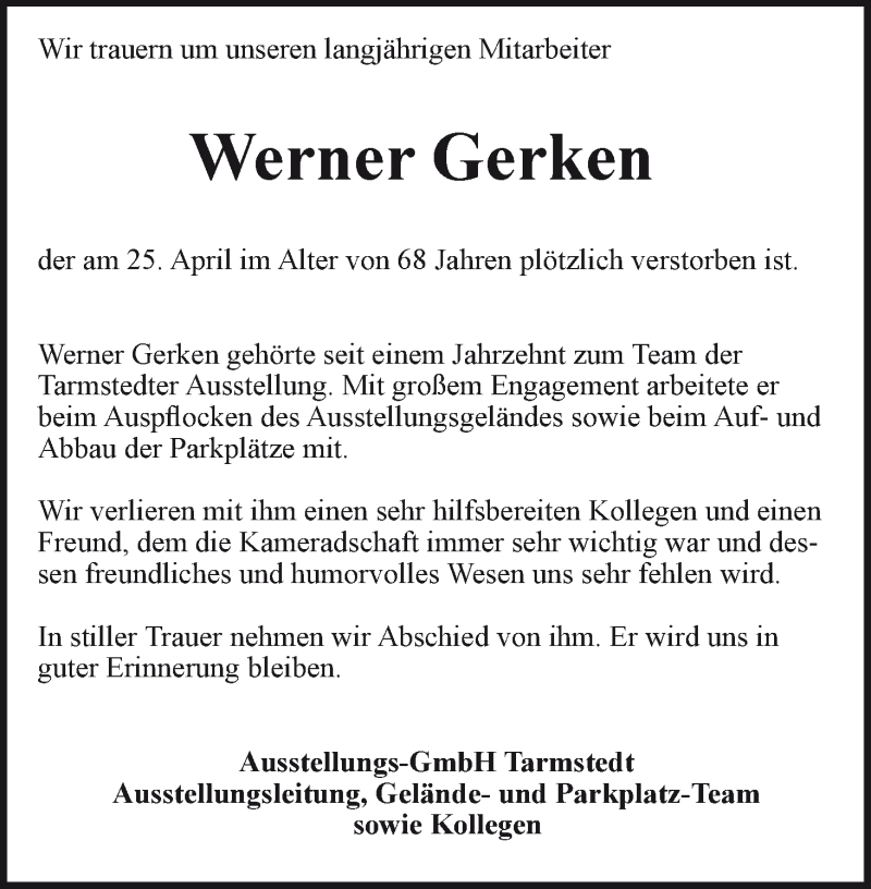 Traueranzeige von Werner Gerken von Wuemme Zeitung