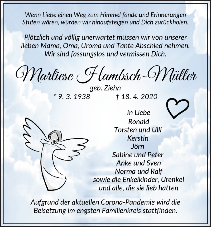  Traueranzeige für Marliese Hambsch-Müller vom 25.04.2020 aus WESER-KURIER