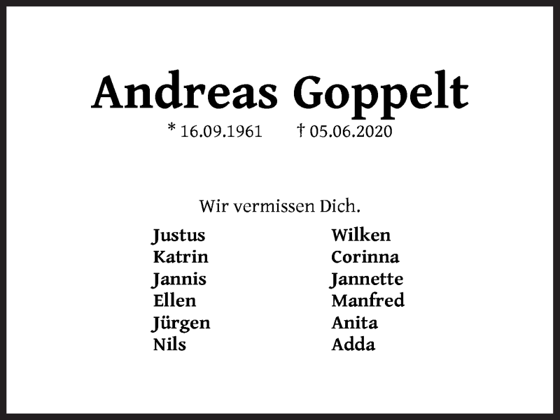  Traueranzeige für Andreas Goppelt vom 13.06.2020 aus WESER-KURIER