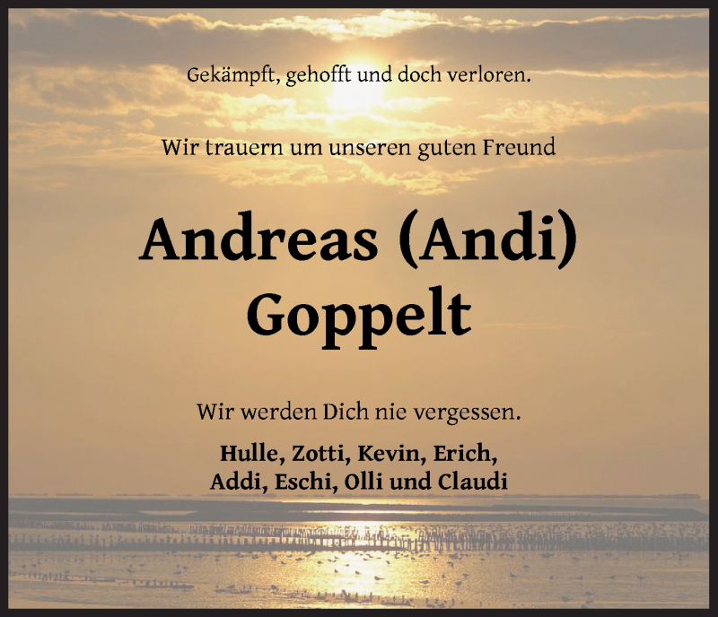  Traueranzeige für Andreas Goppelt vom 13.06.2020 aus Wuemme Zeitung