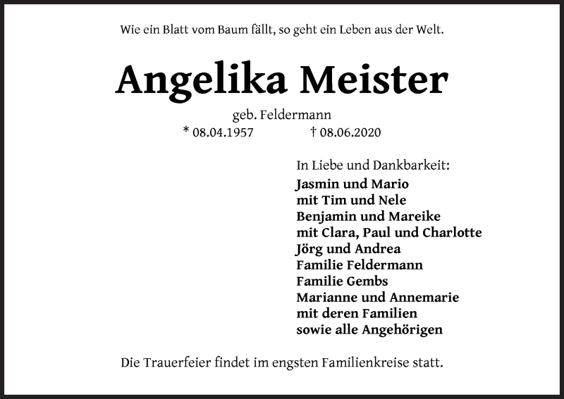  Traueranzeige für Angelika Meister vom 17.06.2020 aus Die Norddeutsche