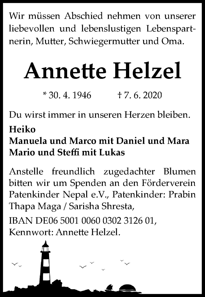 Traueranzeigen Von Annette Helzel Trauer And Gedenken