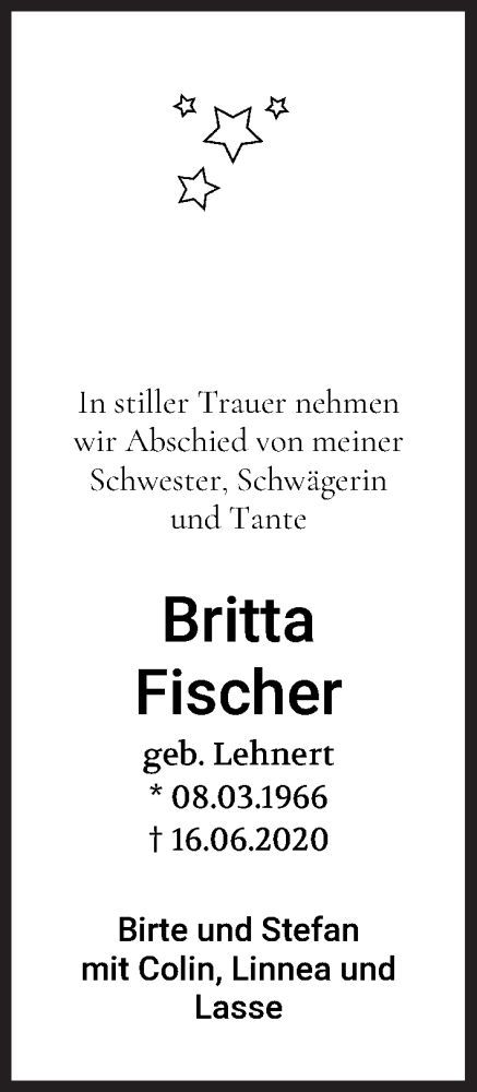  Traueranzeige für Britta Fischer vom 27.06.2020 aus WESER-KURIER