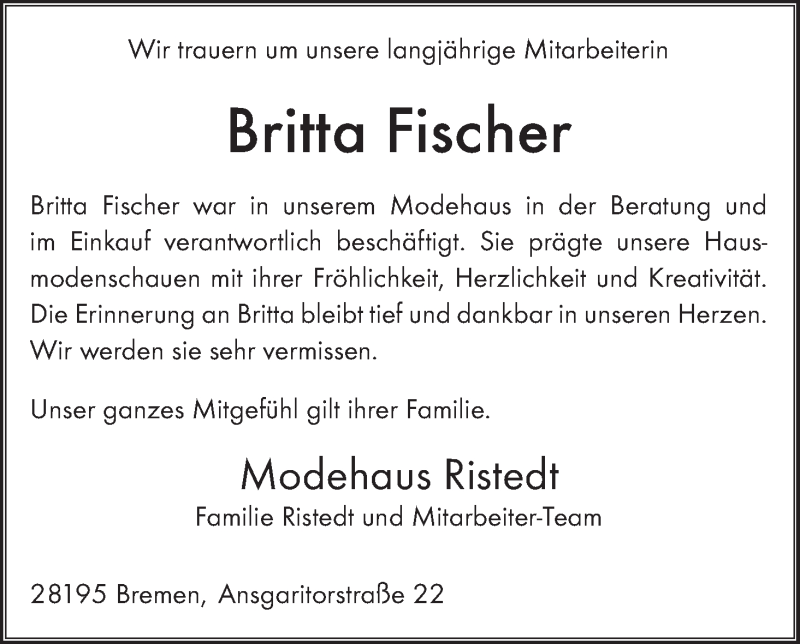  Traueranzeige für Britta Fischer vom 27.06.2020 aus WESER-KURIER