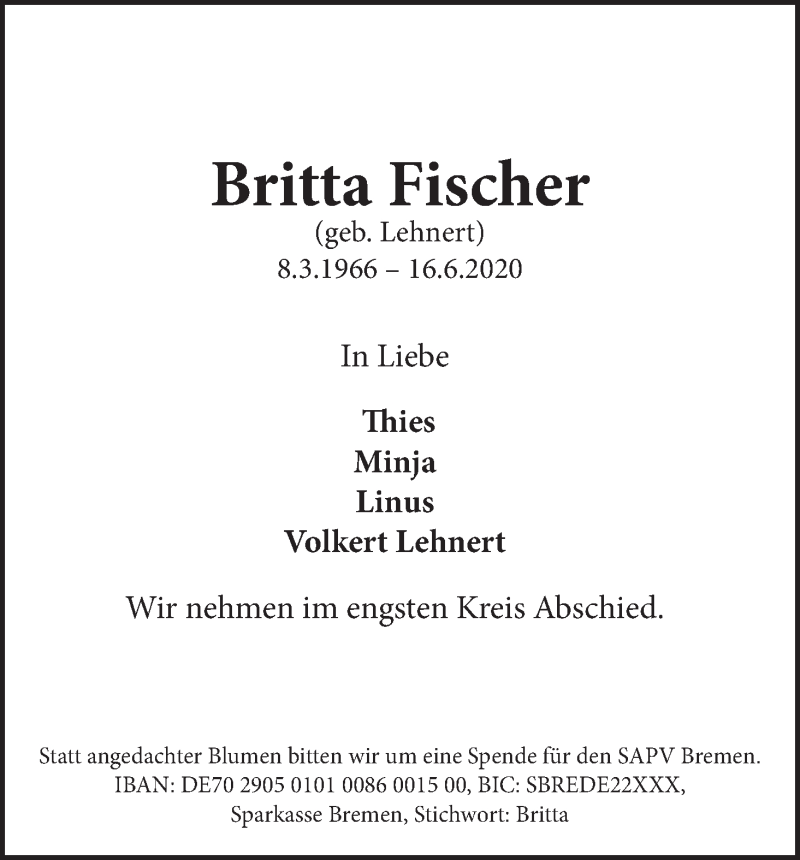  Traueranzeige für Britta Fischer vom 27.06.2020 aus WESER-KURIER