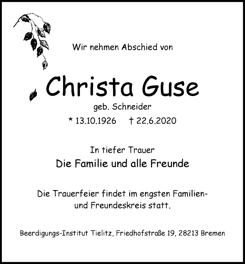 Traueranzeige von Christa Guse von WESER-KURIER
