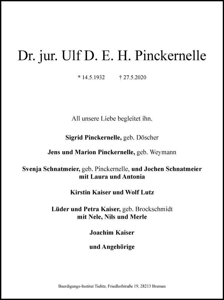 Traueranzeige von Dr. jur. Ulf D. E. H. Pinckernelle von WESER-KURIER