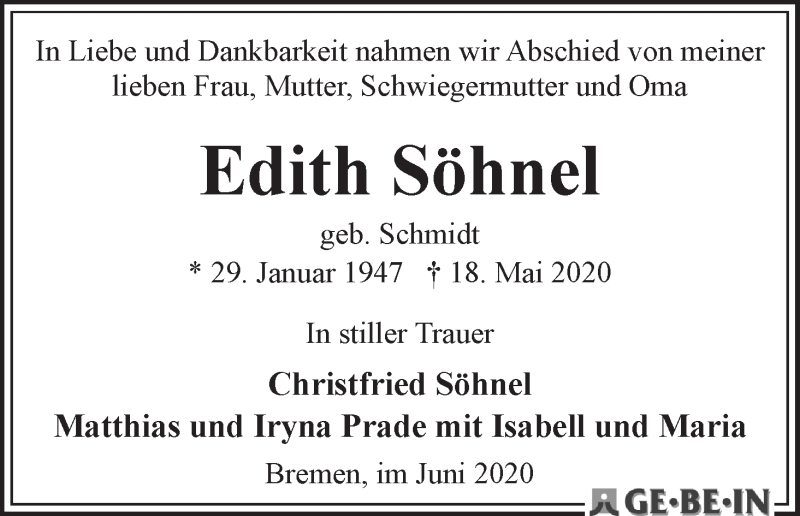 Traueranzeige von Edith Söhnel von WESER-KURIER