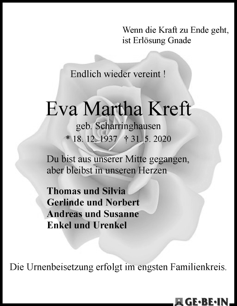 Traueranzeige von Eva Martha Kreft von WESER-KURIER