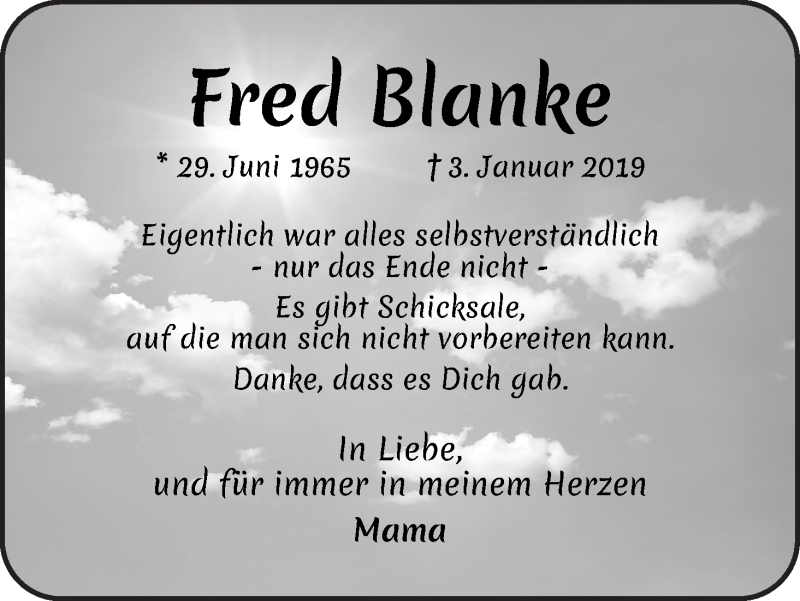  Traueranzeige für Fred Blanke vom 29.06.2020 aus Wuemme Zeitung