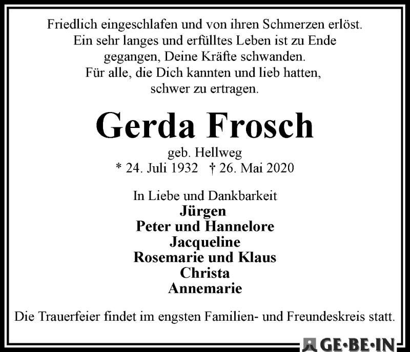 Traueranzeige von Gerda Frosch von WESER-KURIER