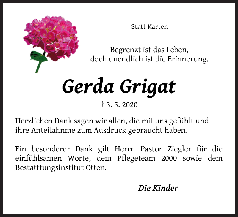  Traueranzeige für Gerda Grigat vom 13.06.2020 aus Osterholzer Kreisblatt