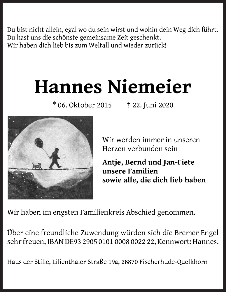  Traueranzeige für Hannes Niemeier vom 27.06.2020 aus WESER-KURIER