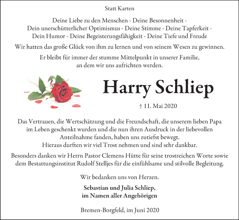 Traueranzeige von Harry Schliep von WESER-KURIER