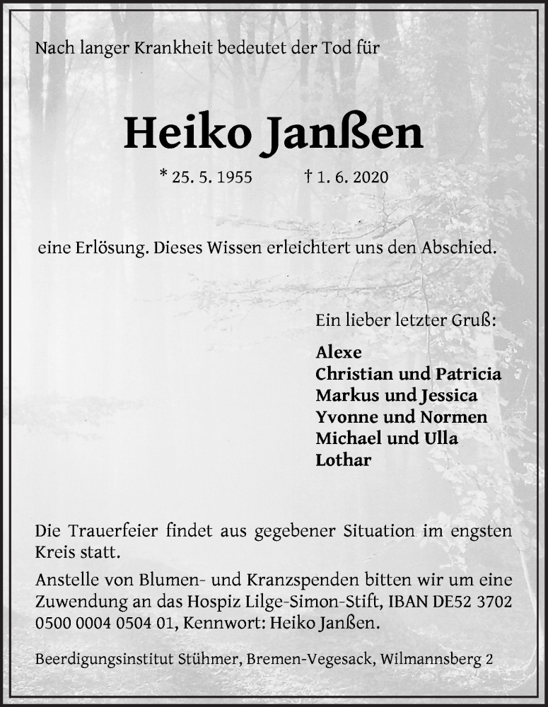  Traueranzeige für Heiko Janßen vom 06.06.2020 aus Die Norddeutsche
