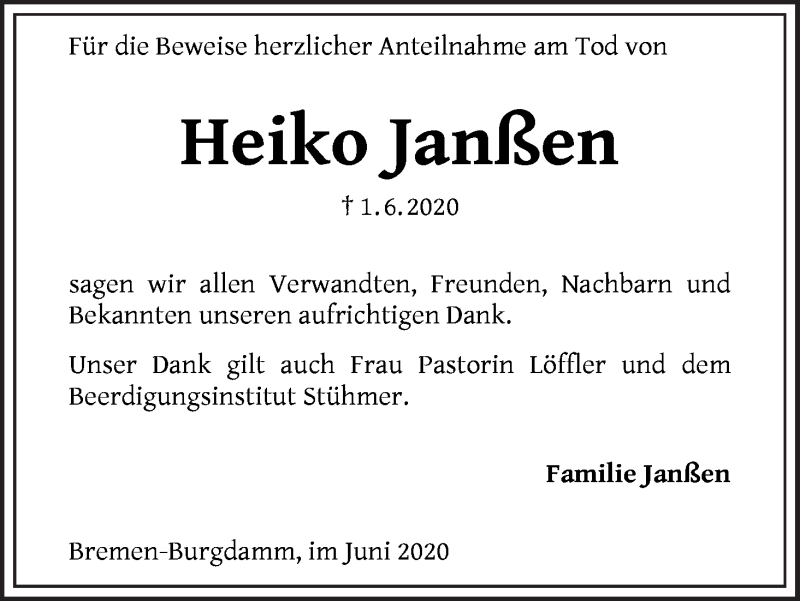  Traueranzeige für Heiko Janßen vom 27.06.2020 aus Die Norddeutsche