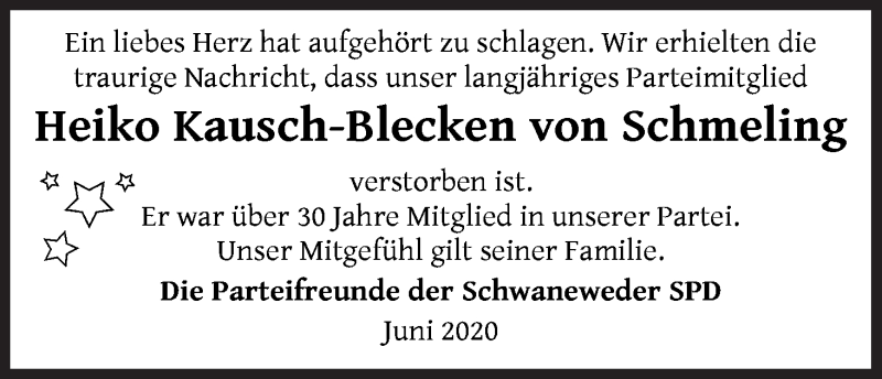  Traueranzeige für Heiko Kausch-Blecken von Schmeling vom 30.06.2020 aus Die Norddeutsche