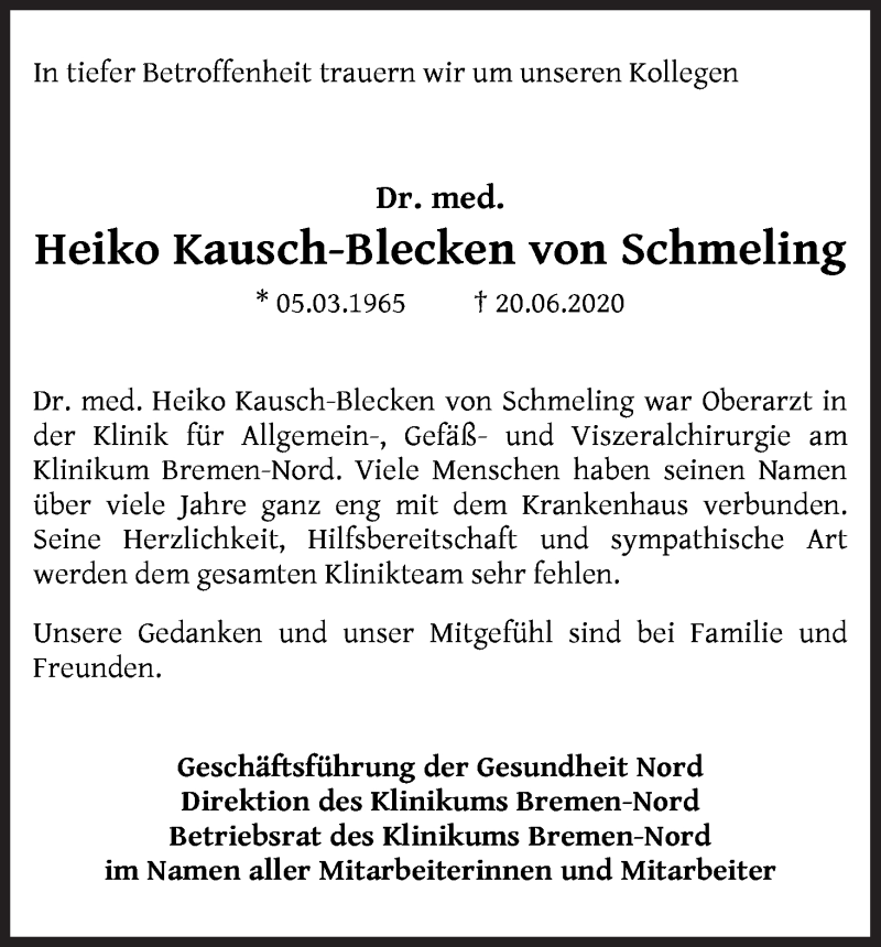  Traueranzeige für Heiko Kausch-Blecken von Schmeling vom 27.06.2020 aus Die Norddeutsche