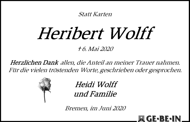  Traueranzeige für Heribert Wolff vom 27.06.2020 aus WESER-KURIER