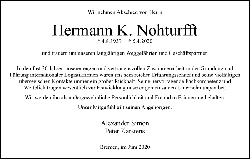 Traueranzeige von Hermann K. Nohturfft von WESER-KURIER