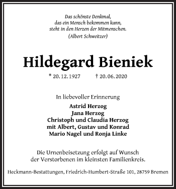 Traueranzeige von Hildegard Bieniek