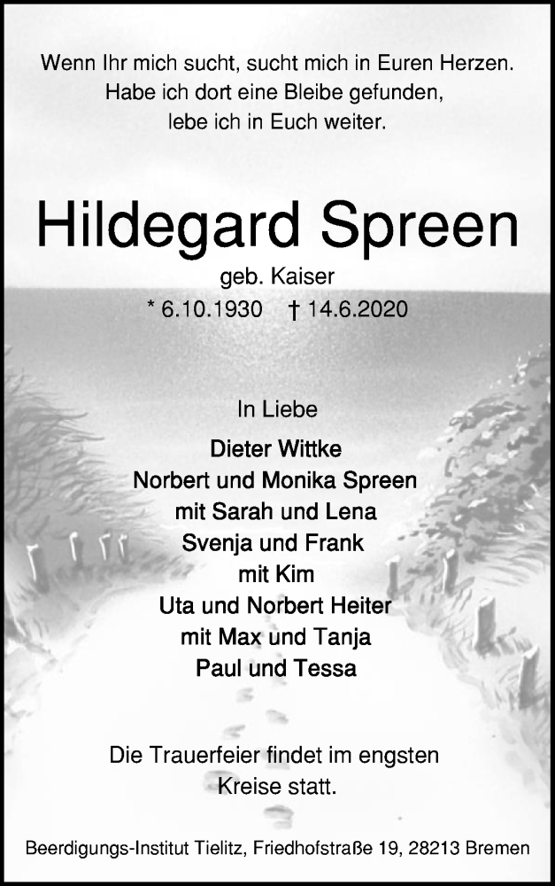 Traueranzeige von Hildegard Spreen von WESER-KURIER