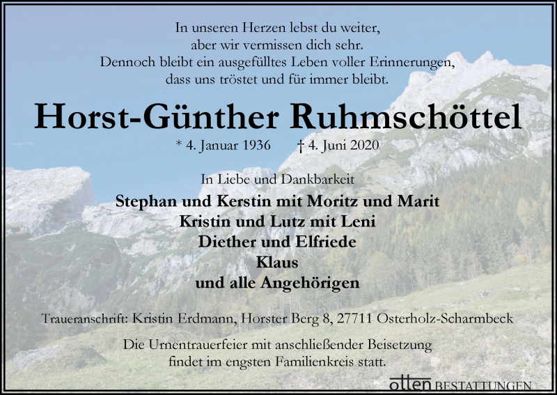 Traueranzeige von Horst-Günther Ruhmschöttel von Osterholzer Kreisblatt