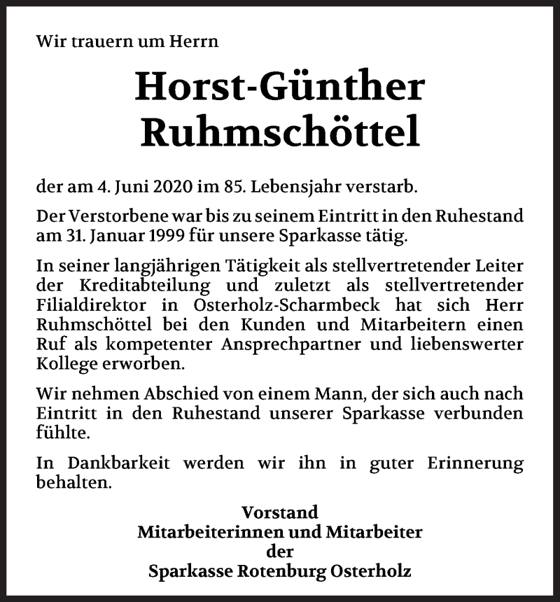 Traueranzeige von Horst-Günther Ruhmschöttel von Osterholzer Kreisblatt