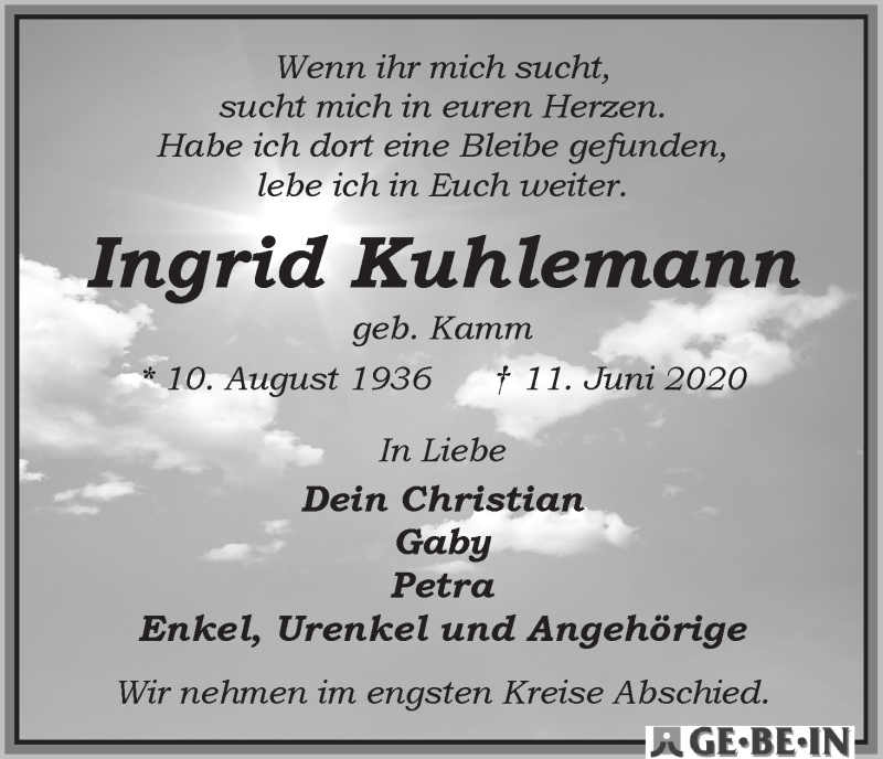  Traueranzeige für Ingrid Kuhlemann vom 20.06.2020 aus WESER-KURIER