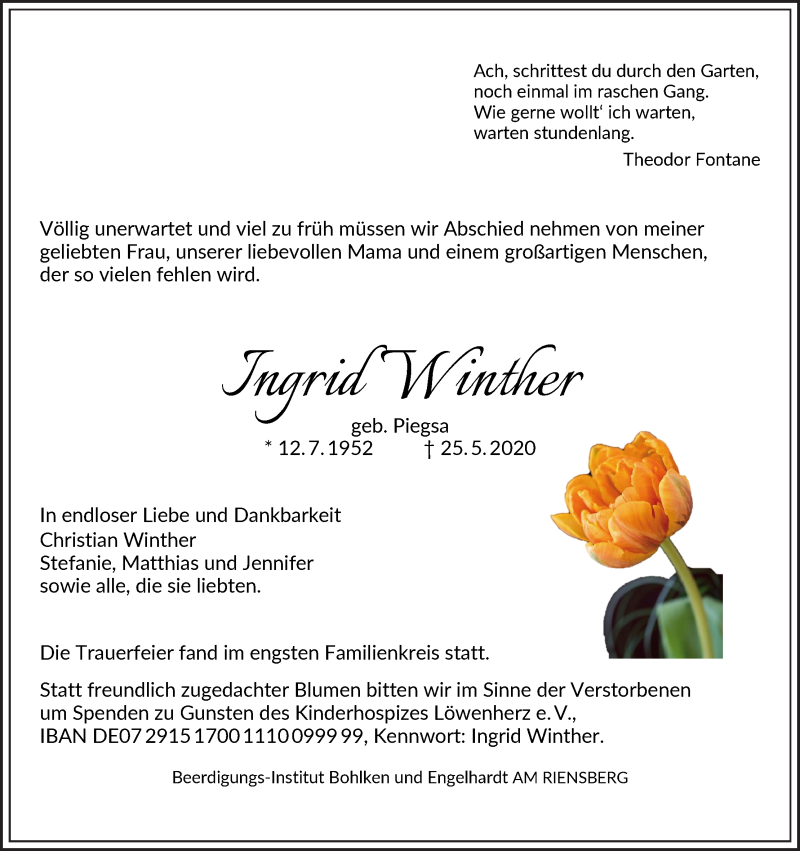  Traueranzeige für Ingrid Winther vom 06.06.2020 aus WESER-KURIER