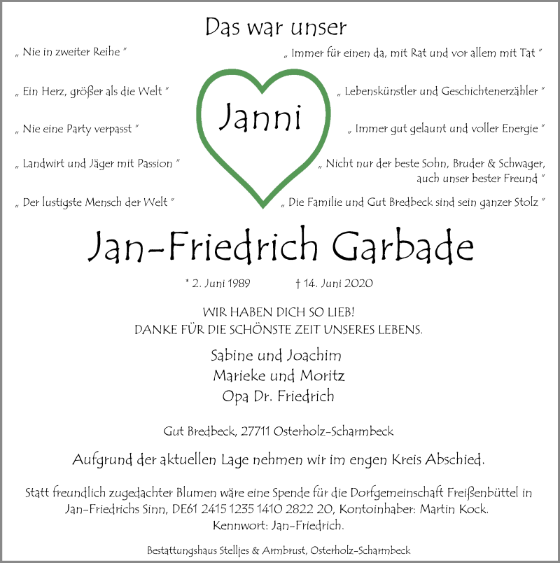 Traueranzeige für Jan-Friedrich Garbade vom 18.06.2020 aus Wuemme Zeitung