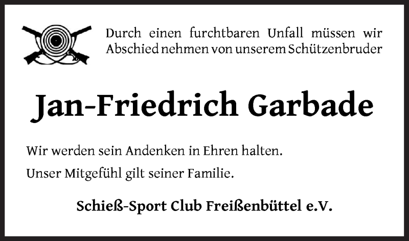  Traueranzeige für Jan-Friedrich Garbade vom 19.06.2020 aus Osterholzer Kreisblatt