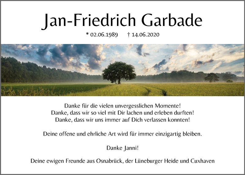  Traueranzeige für Jan-Friedrich Garbade vom 20.06.2020 aus Osterholzer Kreisblatt