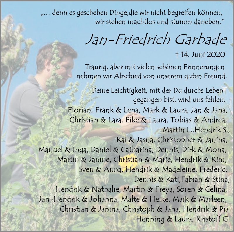  Traueranzeige für Jan-Friedrich Garbade vom 18.06.2020 aus Osterholzer Kreisblatt