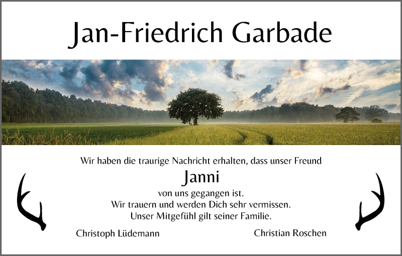  Traueranzeige für Jan-Friedrich Garbade vom 24.06.2020 aus Wuemme Zeitung