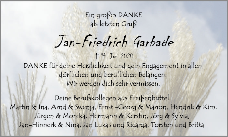  Traueranzeige für Jan-Friedrich Garbade vom 18.06.2020 aus Osterholzer Kreisblatt