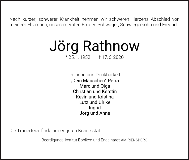  Traueranzeige für Jörg Rathnow vom 20.06.2020 aus WESER-KURIER