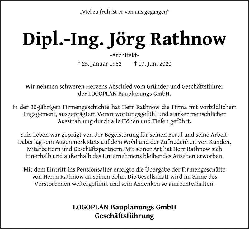  Traueranzeige für Jörg Rathnow vom 27.06.2020 aus WESER-KURIER