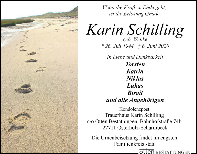 Traueranzeige von Karin Schilling von Osterholzer Kreisblatt