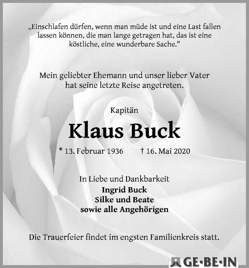 Traueranzeige von Klaus Buck von WESER-KURIER