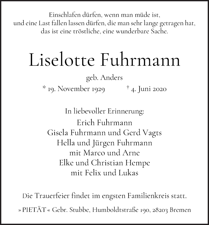 Traueranzeige von Liselotte Fuhrmann von WESER-KURIER