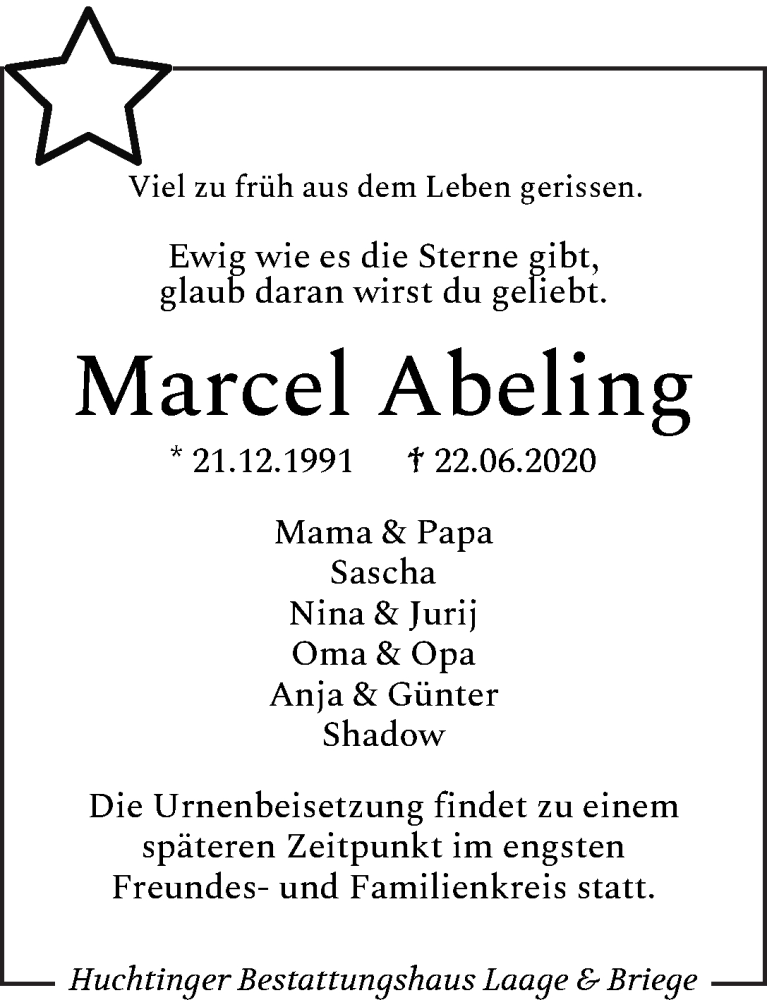  Traueranzeige für Marcel Abeling vom 27.06.2020 aus WESER-KURIER