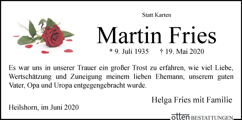  Traueranzeige für Martin Fries vom 29.06.2020 aus Osterholzer Kreisblatt