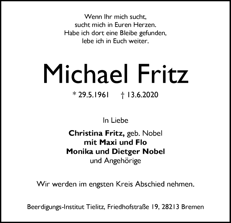 Traueranzeige von Michael Fritz von WESER-KURIER