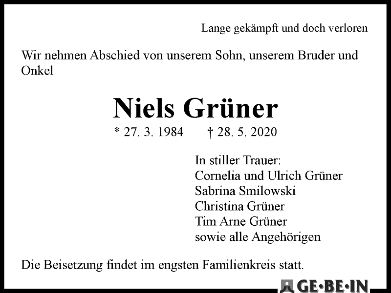  Traueranzeige für Niels Grüner vom 06.06.2020 aus WESER-KURIER