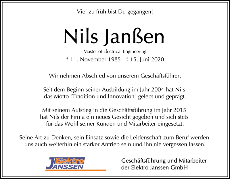  Traueranzeige für Nils Janßen vom 20.06.2020 aus WESER-KURIER